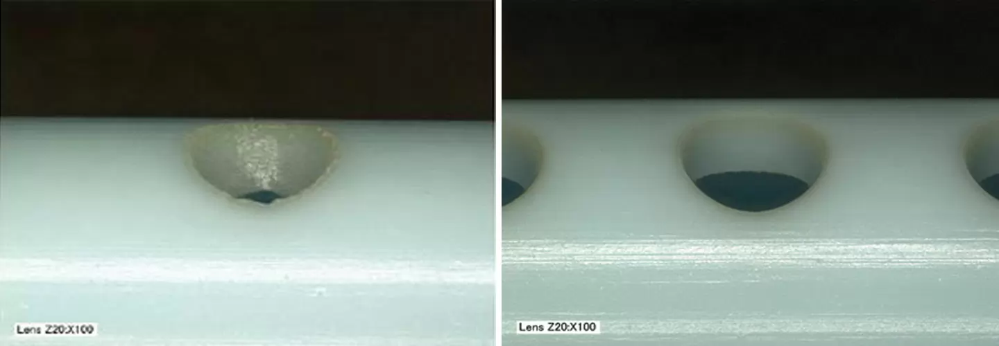 Figure 2 The comparison photos above show holes drilled with a 355nm nanosecond (NS) laser (left) and a 1030nm femtosecond disk laser (right)