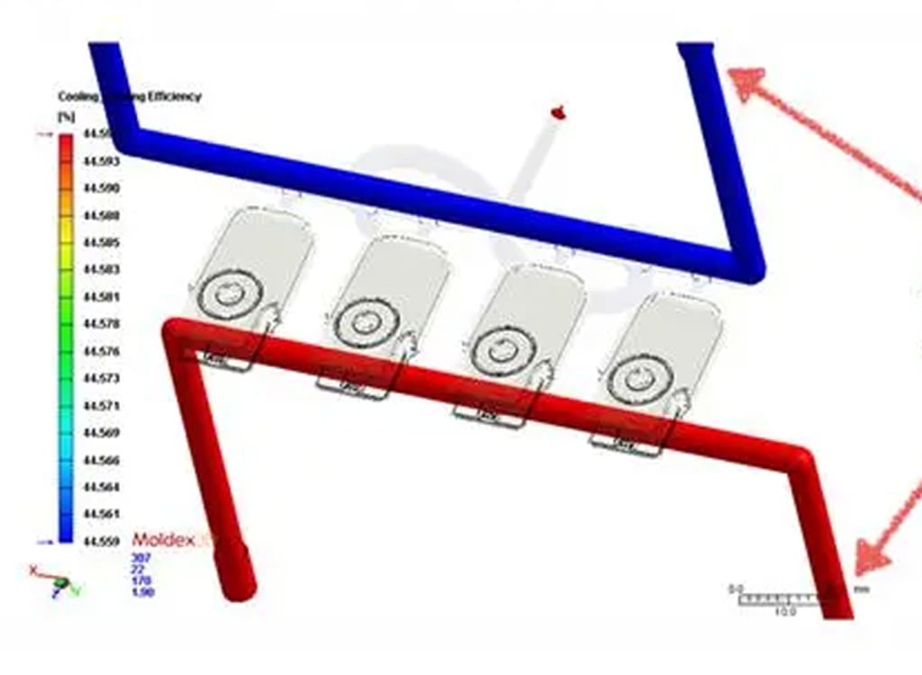 When the mold is manufactured using metal 3D printing technology, a conformal cooling water channel is designed inside the male mold core. The water channel diameter is ⏀0.89mm and the wall thickness is 0.8mm, which ultimately shortens the injection molding cycle to 20s.